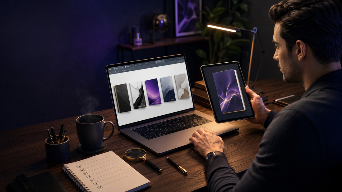 Reader comparing several e-book covers on a tablet to choose the right one, lit in midnight blue and gold