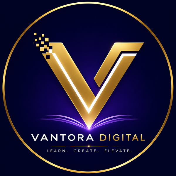 A digital logo design featuring a stylized golden letter 'V' with a pixelated break effect on the upper left, set against a dark navy blue background with a gold circular border. Below the 'V' is an open book graphic emitting purple light, with the text 'VANTORA DIGITAL' and the tagline 'LEARN.
